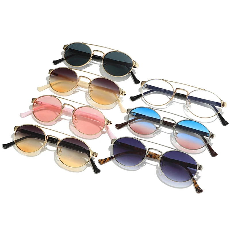 SO & EI Retro Metal Double Bridges Oval Óculos de sol para homens e mulheres, Gradiente Shades, Punk Round Sun Glasses, UV400