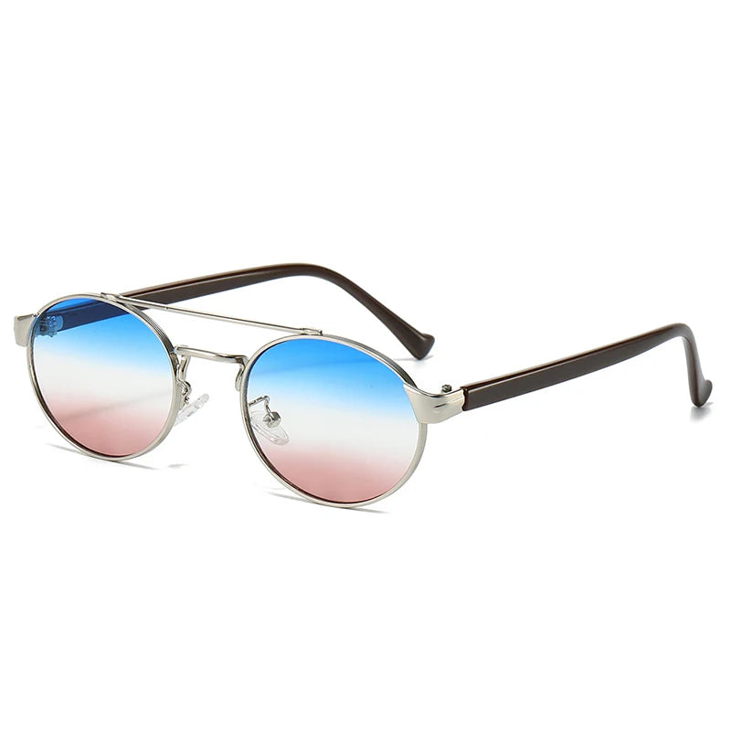 SO & EI Retro Metal Double Bridges Oval Óculos de sol para homens e mulheres, Gradiente Shades, Punk Round Sun Glasses, UV400