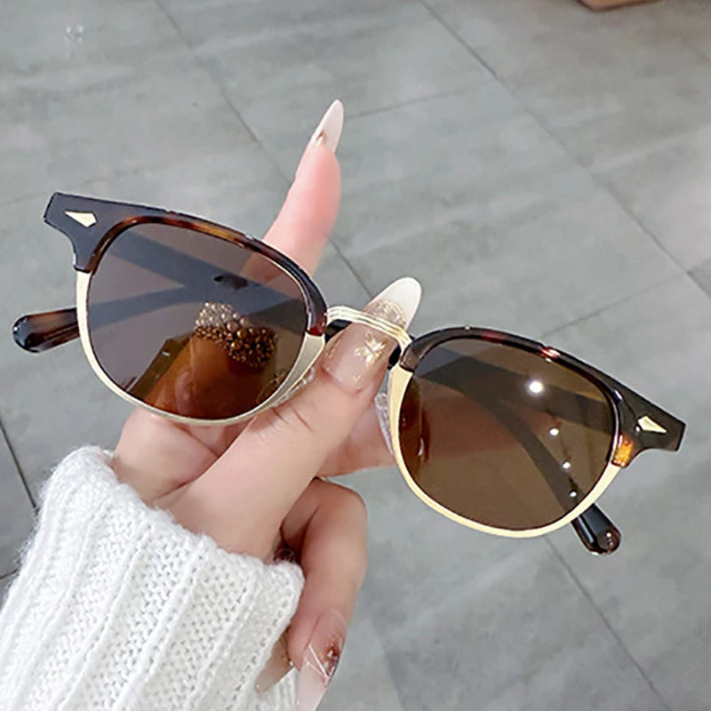 SO&EI Retro clássico semi-metal oval feminino óculos de sol moda punk masculino rebites tons uv400 óculos de sol