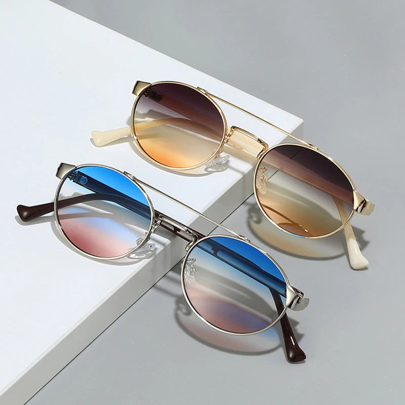 SO & EI Retro Metal Double Bridges Oval Óculos de sol para homens e mulheres, Gradiente Shades, Punk Round Sun Glasses, UV400